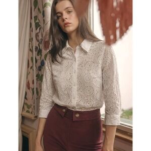 Isaac Mizrahi Live! Women's White Eyelet Button-Down Summer Blouse 3/4 Sleeve XS